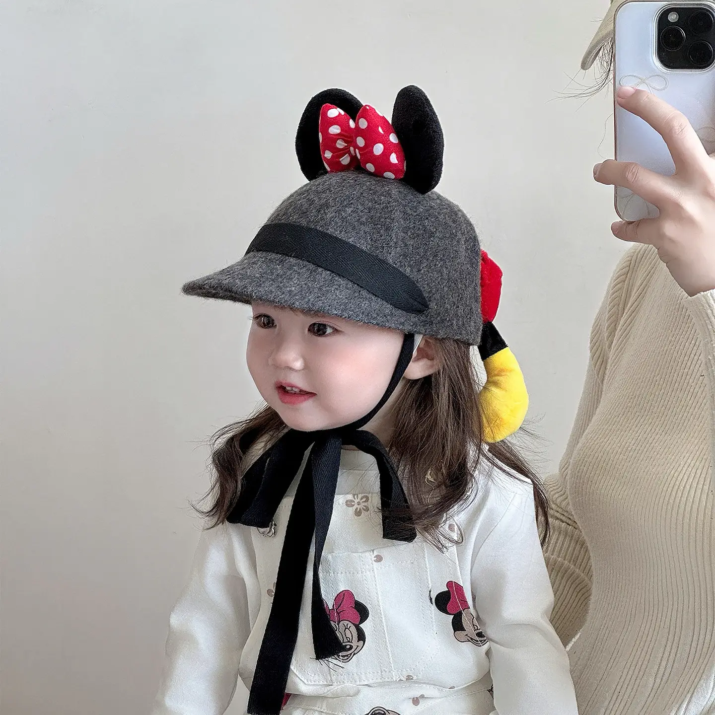 Minnie Bow Woolen Baby Hat Grey Red Polka Dot