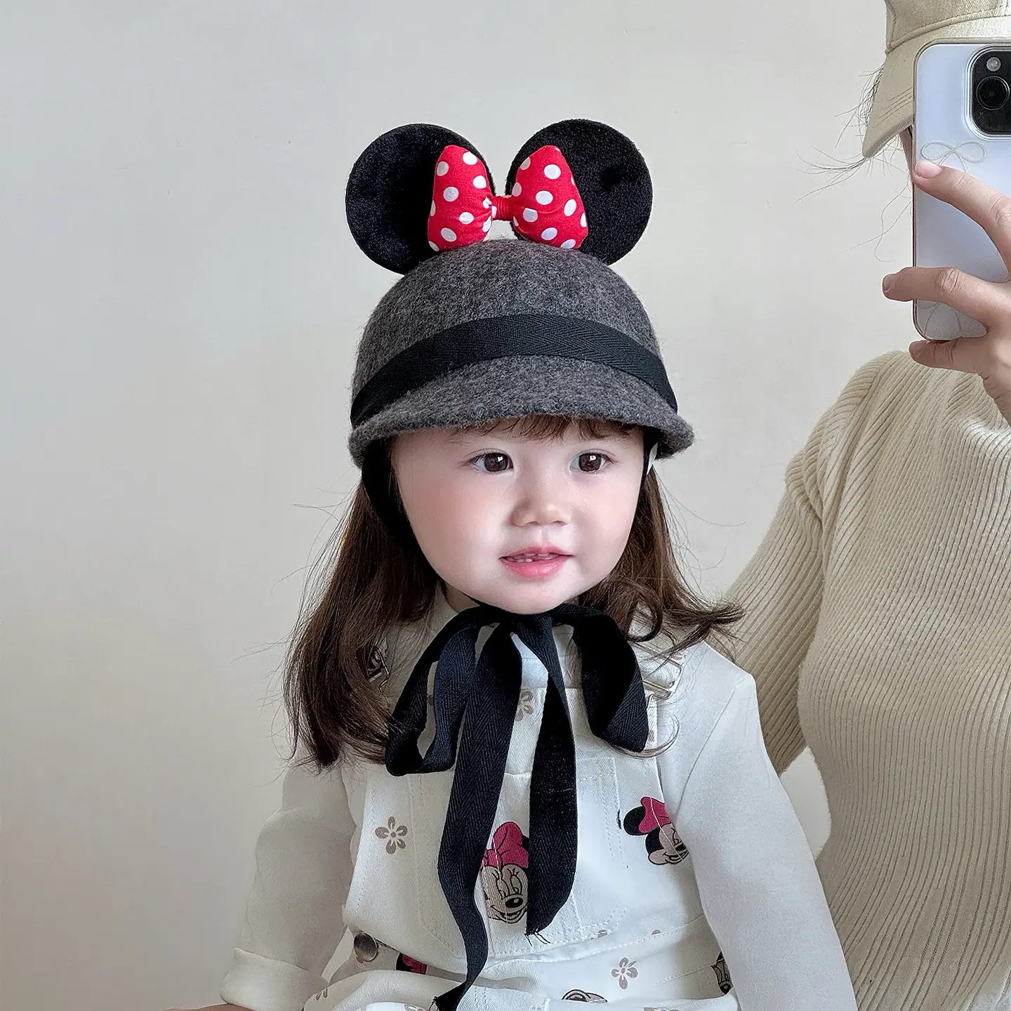 Minnie Bow Woolen Baby Hat Grey Red Polka Dot