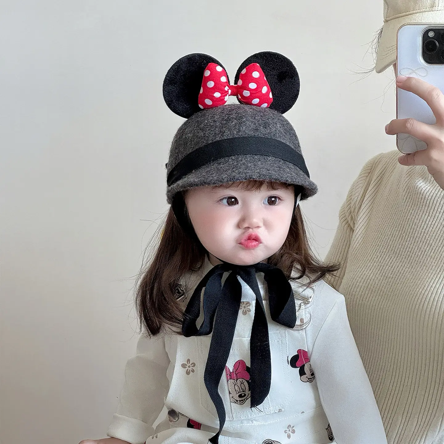 Minnie Bow Woolen Baby Hat Grey Red Polka Dot