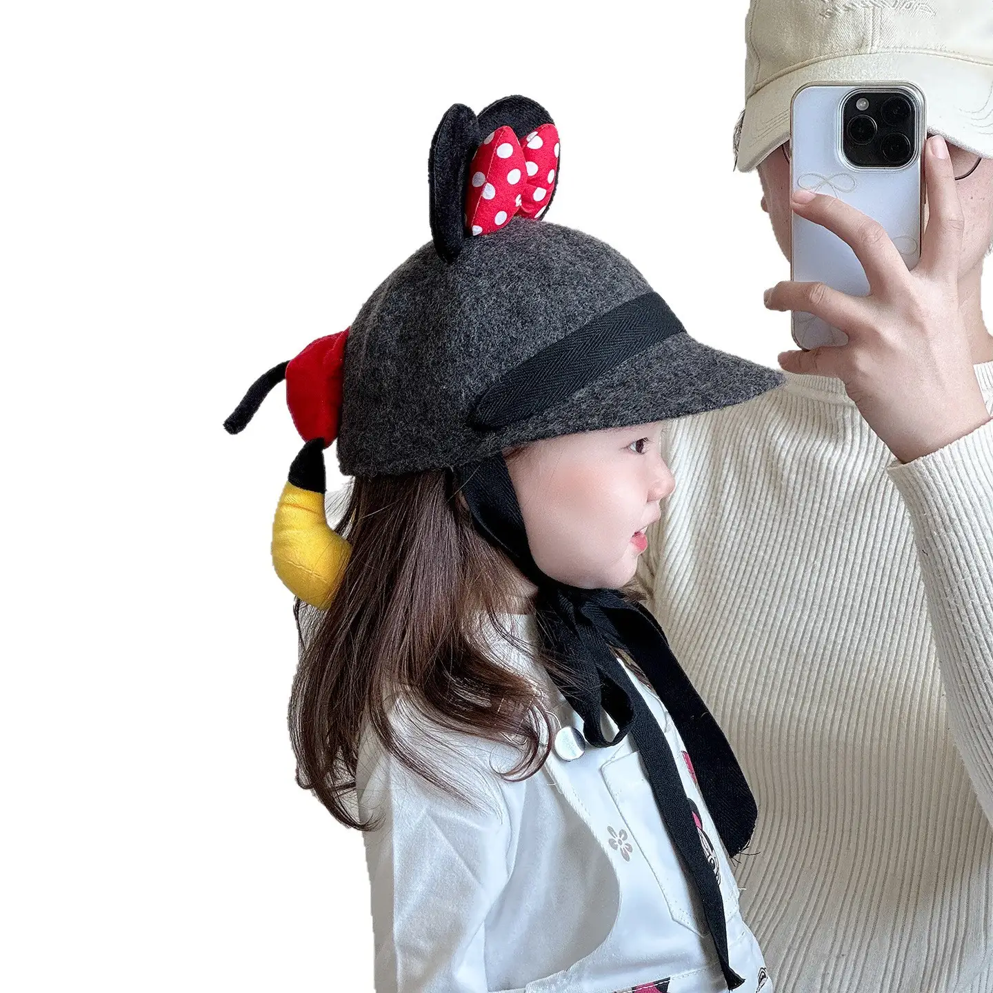 Minnie Bow Woolen Baby Hat Grey Red Polka Dot