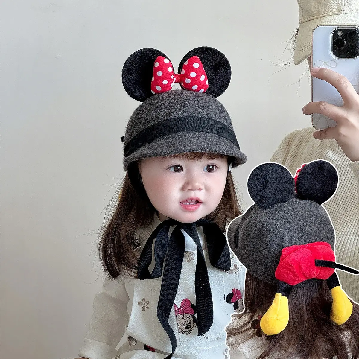 Minnie Bow Woolen Baby Hat Grey Red Polka Dot — feature 1