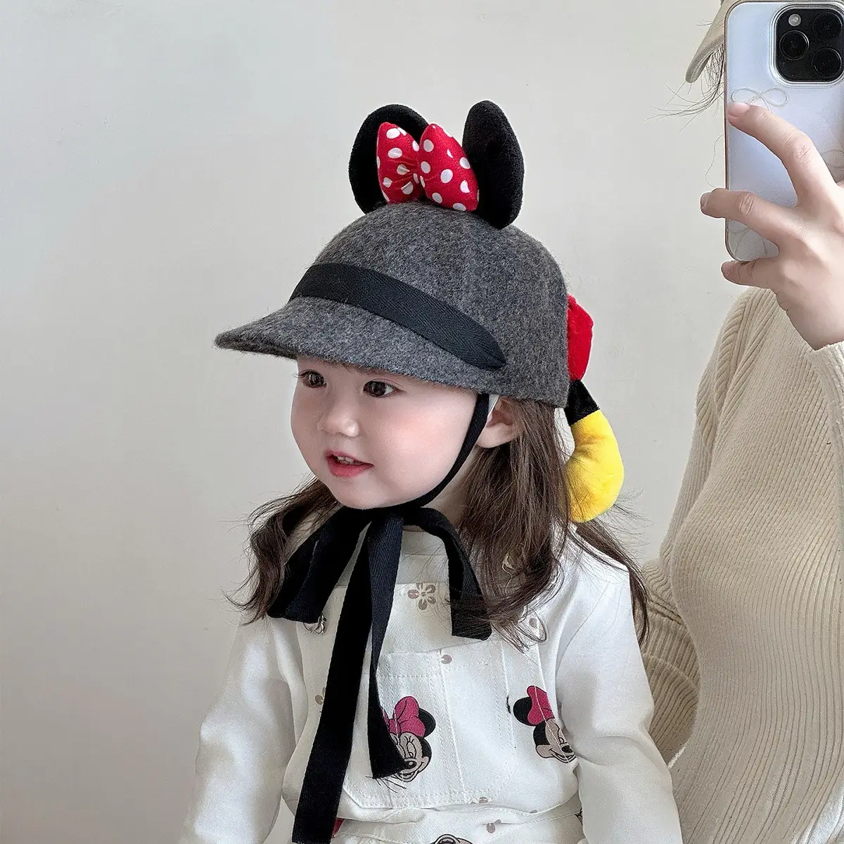 Minnie Bow Woolen Baby Hat Grey Red Polka Dot — feature 2