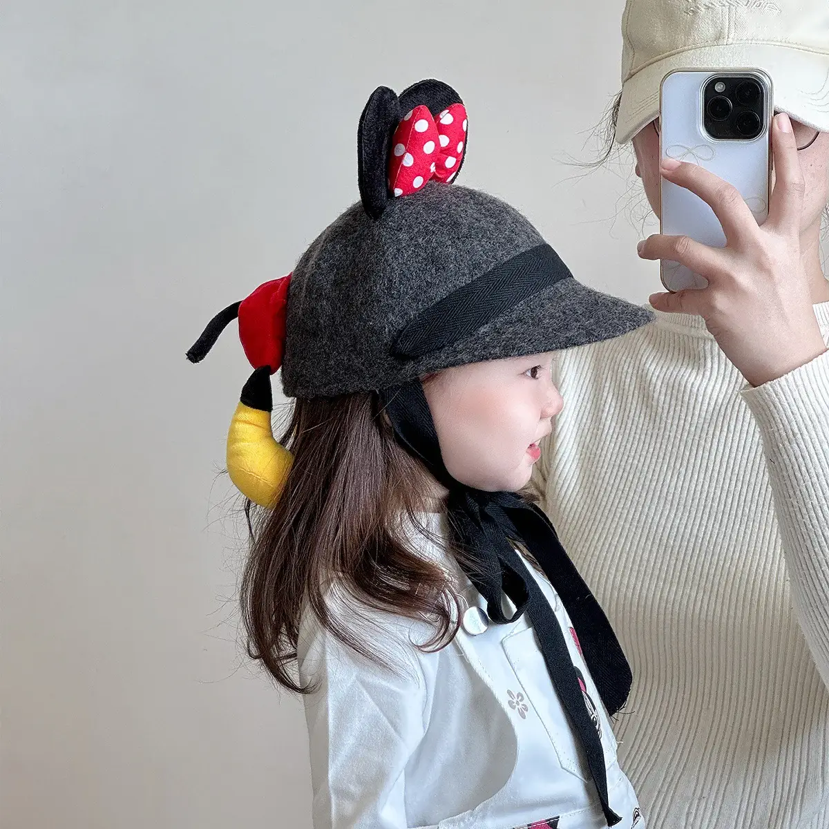 Minnie Bow Woolen Baby Hat Grey Red Polka Dot — feature 5
