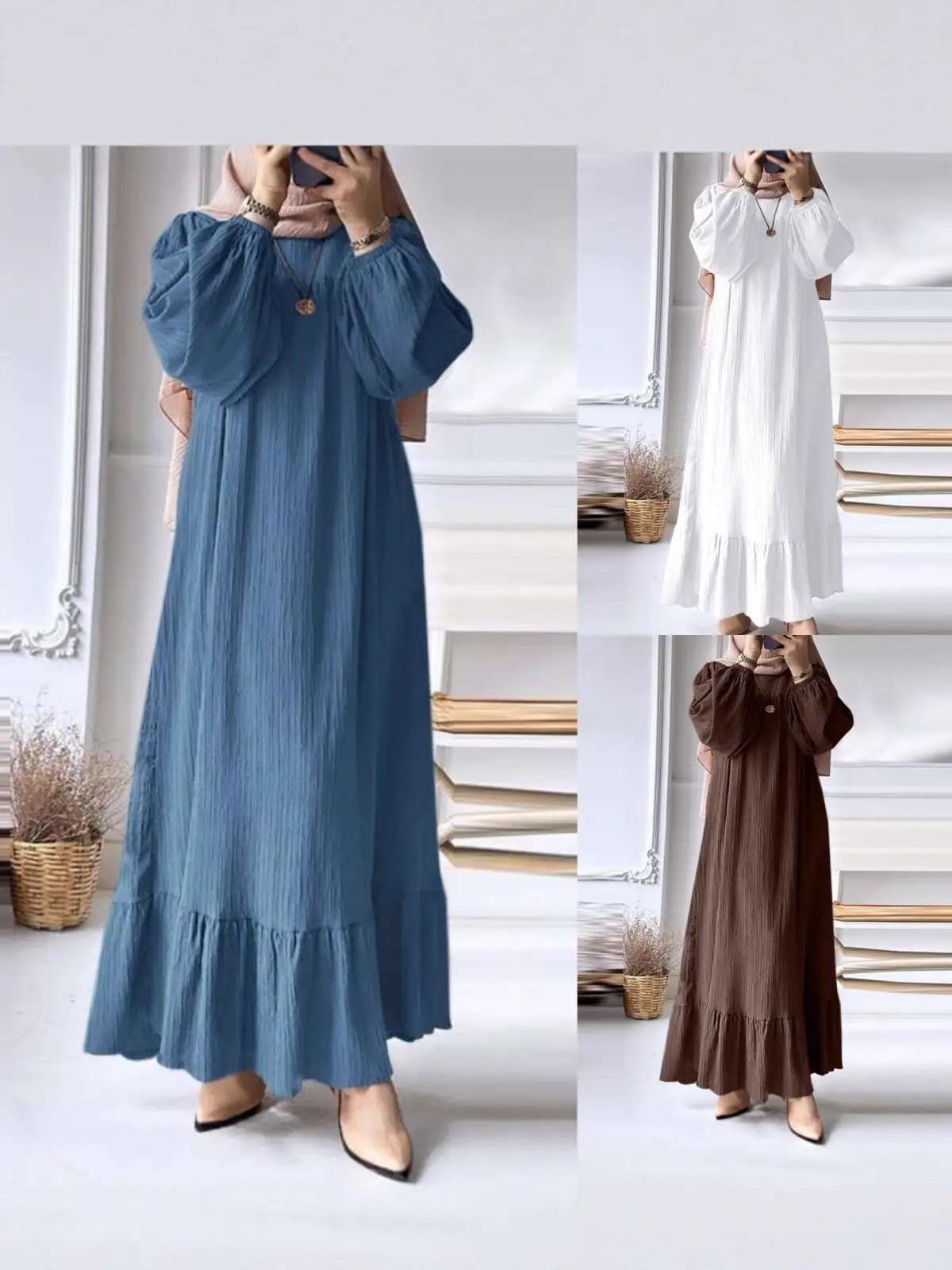 New Muslim Women's Robe Long Sleeve Ruffled Hem White - Image 5