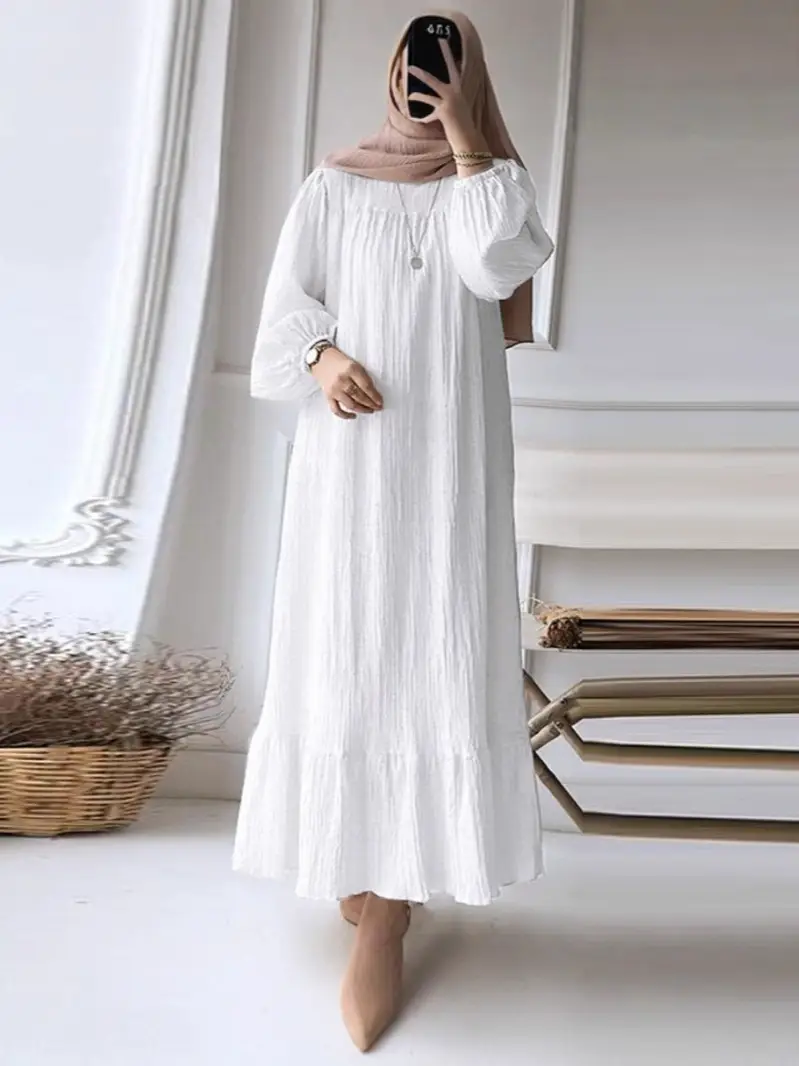 New Muslim Women's Robe Long Sleeve Ruffled Hem White - Image 6