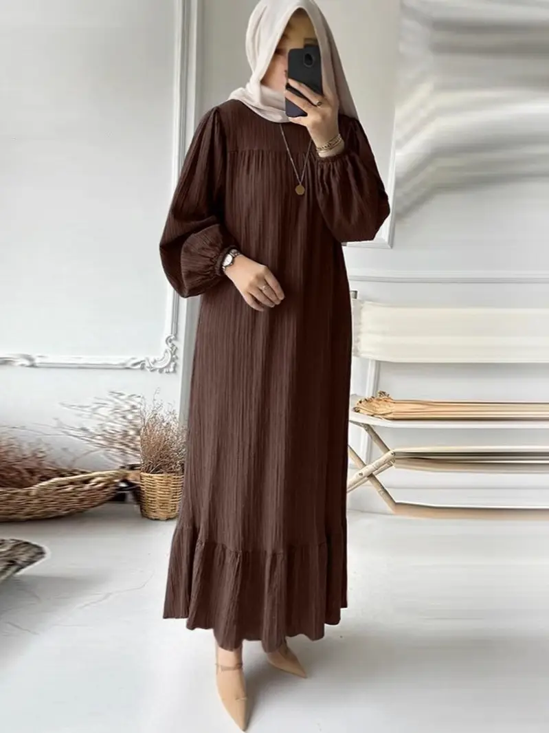 New Muslim Women's Robe Long Sleeve Ruffled Hem White - Image 7
