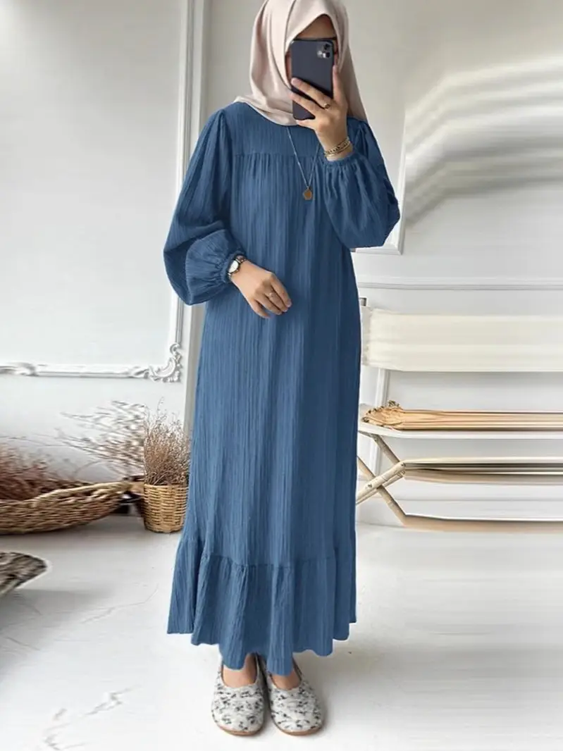 New Muslim Women's Robe Long Sleeve Ruffled Hem White - Image 9