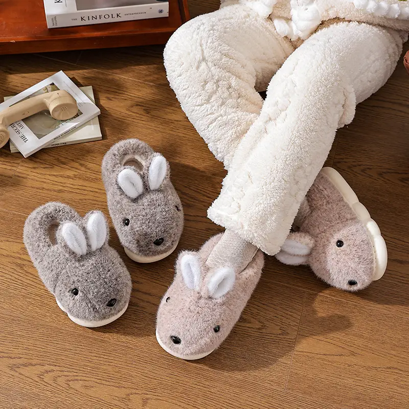 Winter Cotton Slippers for Women, Warm Plus Plush Thick-Soled Home Bags and Parent-Child Bunny Kidsren's Slippers