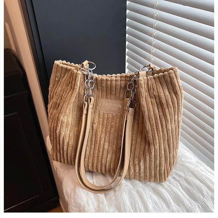 Women's Corduroy Chain Shoulder Bag 2026 Brown — feature 17