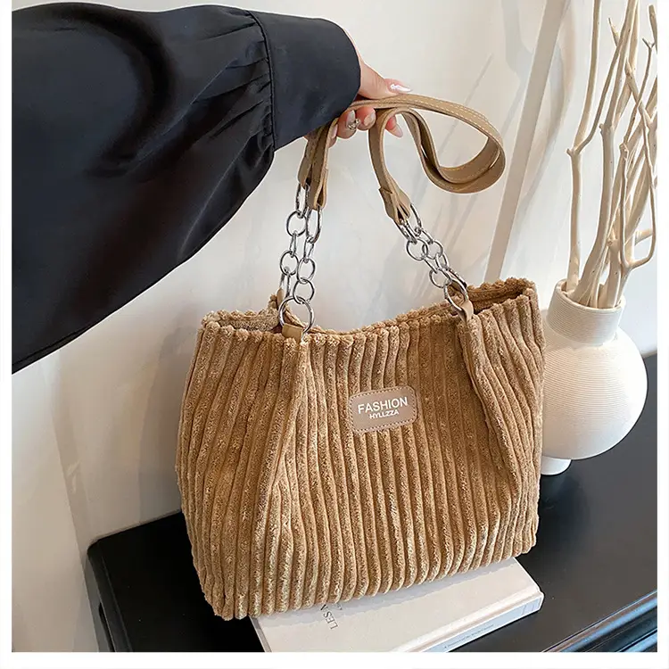 Women's Corduroy Chain Shoulder Bag 2026 Brown — feature 30