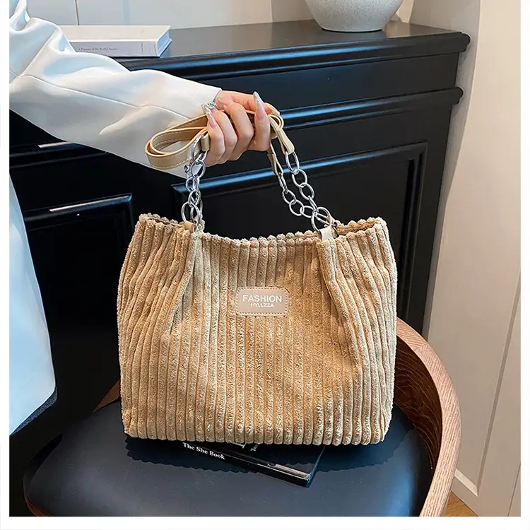 Women's Corduroy Chain Shoulder Bag 2026 Brown — feature 35