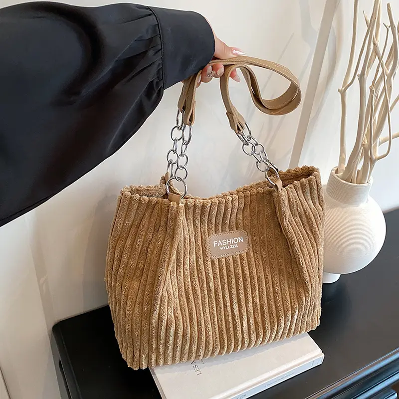 Women's Corduroy Chain Shoulder Bag 2026 Brown - Image 3