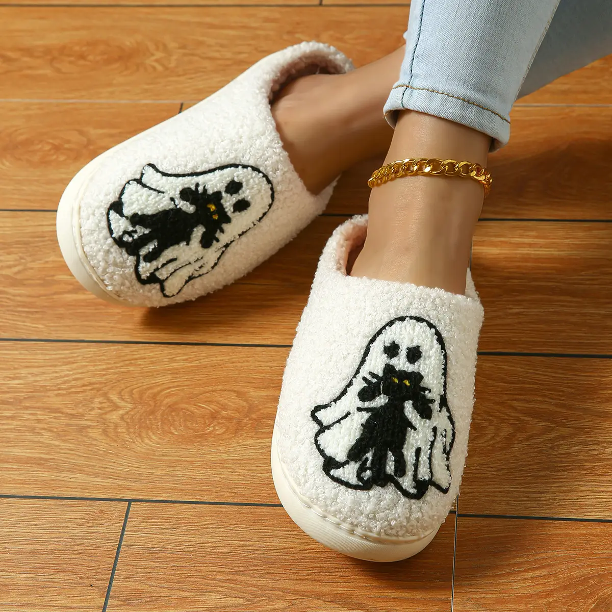Cute Ghost Halloween Slippers Black Cotton Warm Winter - Image 3