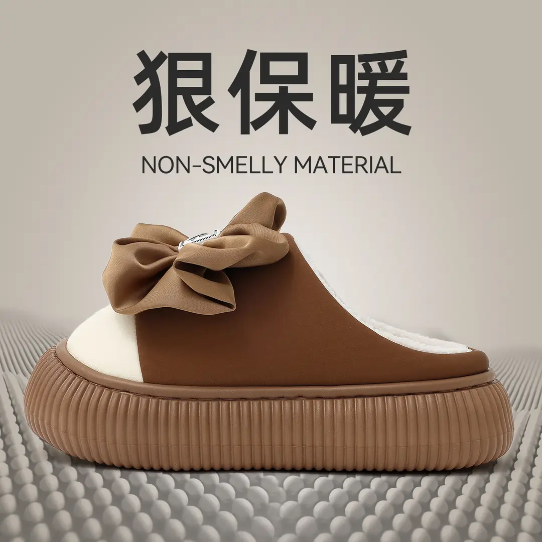 Bow-Knot Thick-Soled Heightening Cotton Slippers for Women's Outer Wear 2025 New Autumn and Winter Bag Heel Non-Slip Warm Plush Outer Wear - Image 6