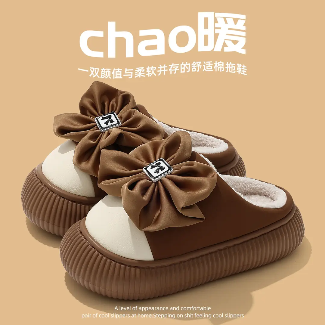 Bow-Knot Thick-Soled Heightening Cotton Slippers for Women's Outer Wear 2025 New Autumn and Winter Bag Heel Non-Slip Warm Plush Outer Wear - Image 7