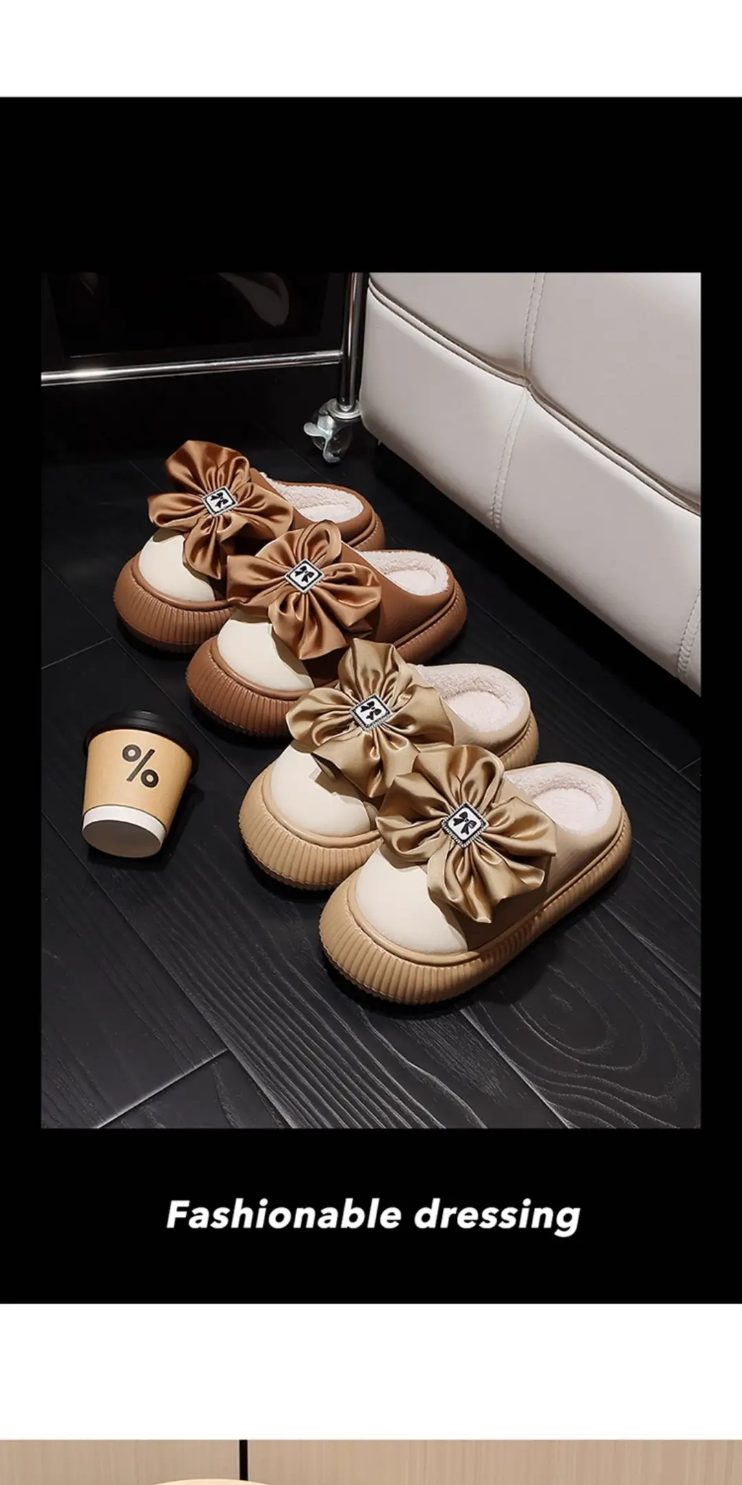 Bow-Knot Thick-Soled Heightening Cotton Slippers for Women's Outer Wear 2025 New Autumn and Winter Bag Heel Non-Slip Warm Plush Outer Wear — feature 7