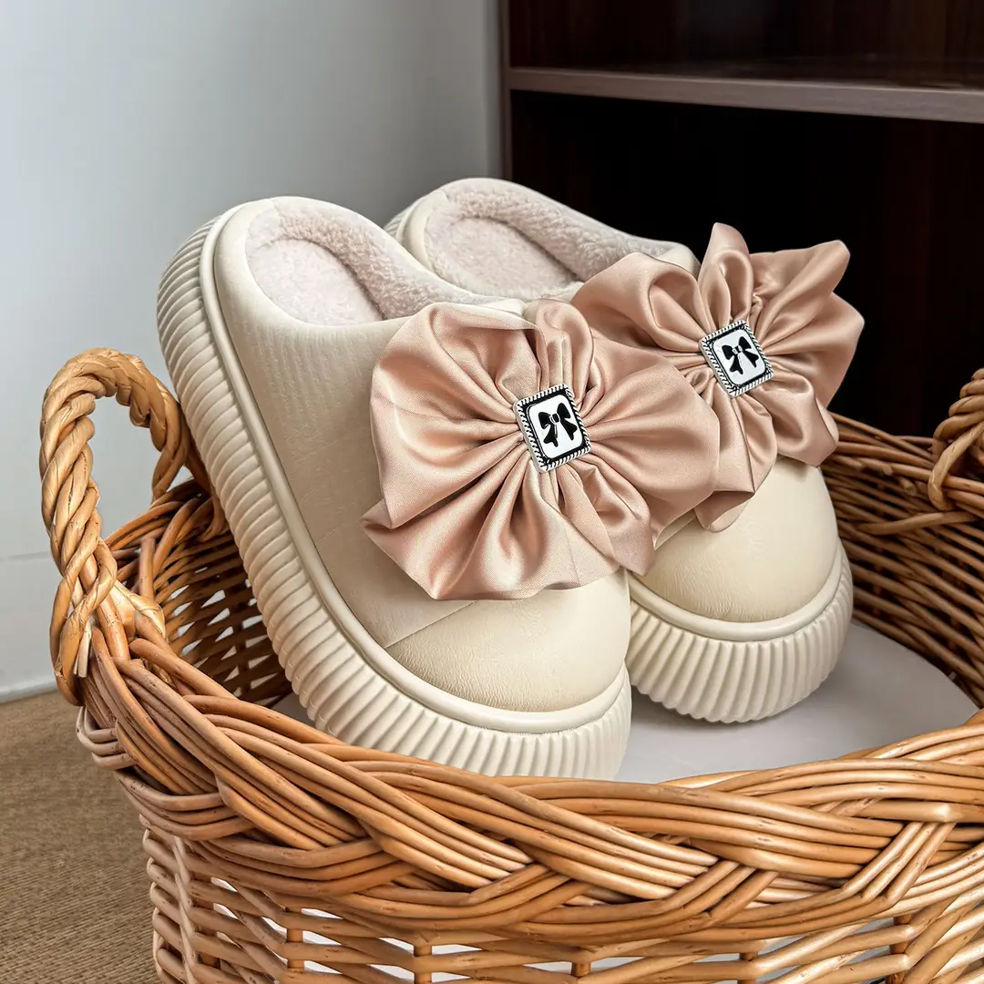 Bow-Knot Thick-Soled Heightening Cotton Slippers for Women's Outer Wear 2025 New Autumn and Winter Bag Heel Non-Slip Warm Plush Outer Wear - Image 2