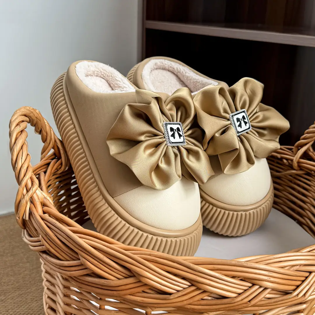 Bow-Knot Thick-Soled Heightening Cotton Slippers for Women's Outer Wear 2025 New Autumn and Winter Bag Heel Non-Slip Warm Plush Outer Wear - Image 3