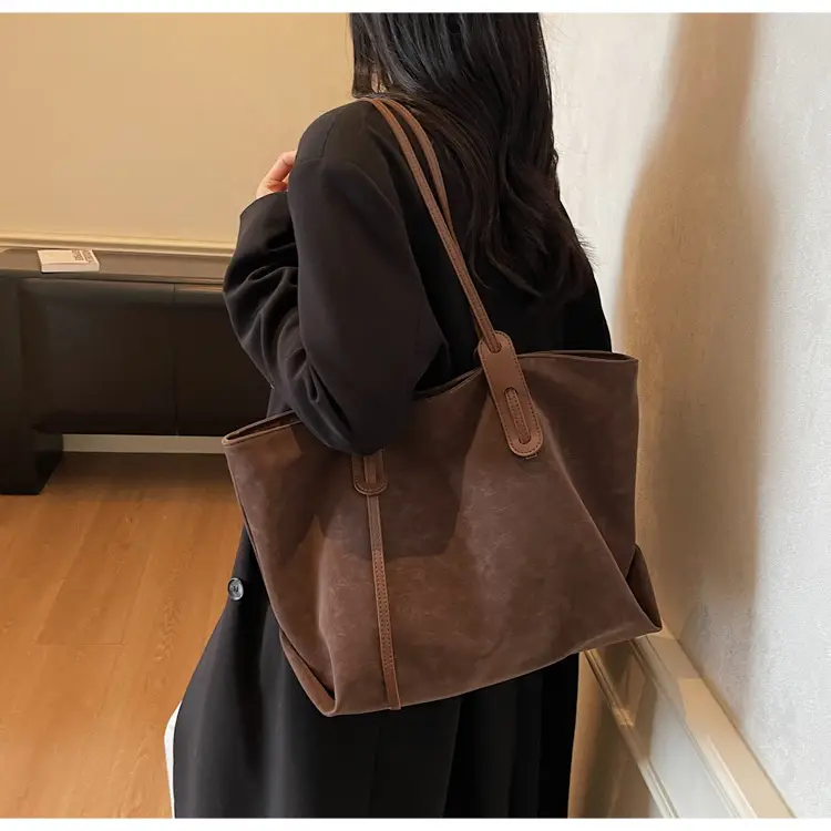Brown Retro Suede Women's Large Shoulder Bag — feature 34