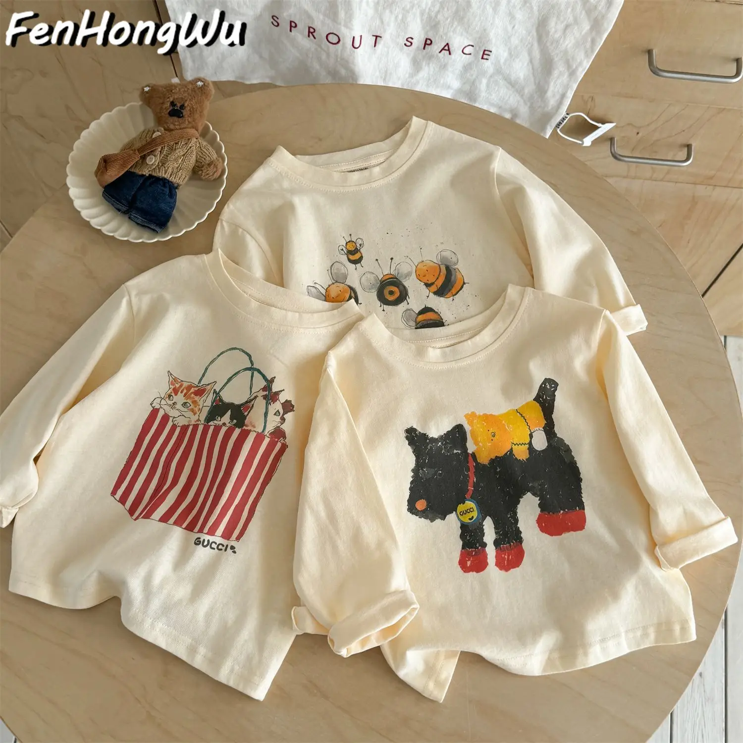 New Boys Cartoon T-Shirt Cream Long Sleeve Western Style - Image 5