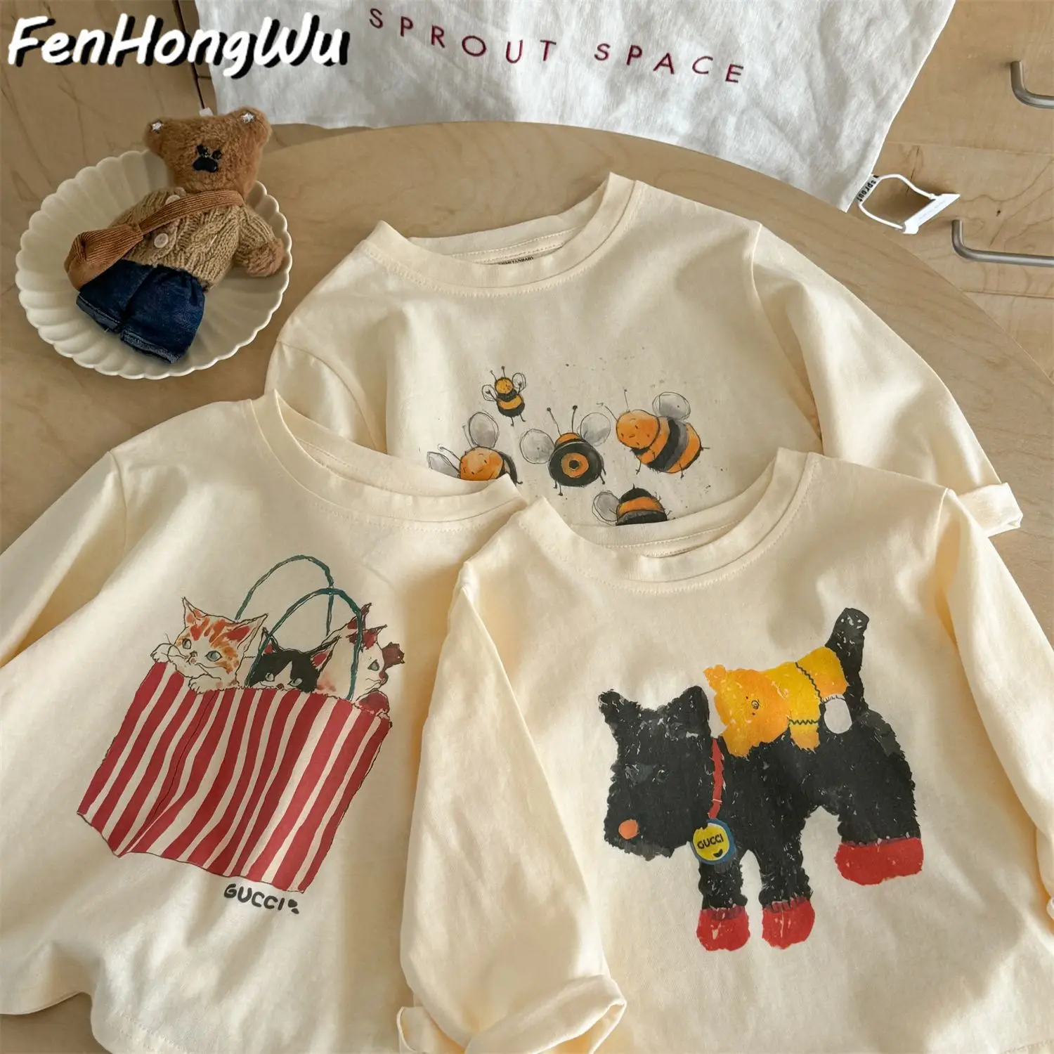 New Boys Cartoon T-Shirt Cream Long Sleeve Western Style - Image 6