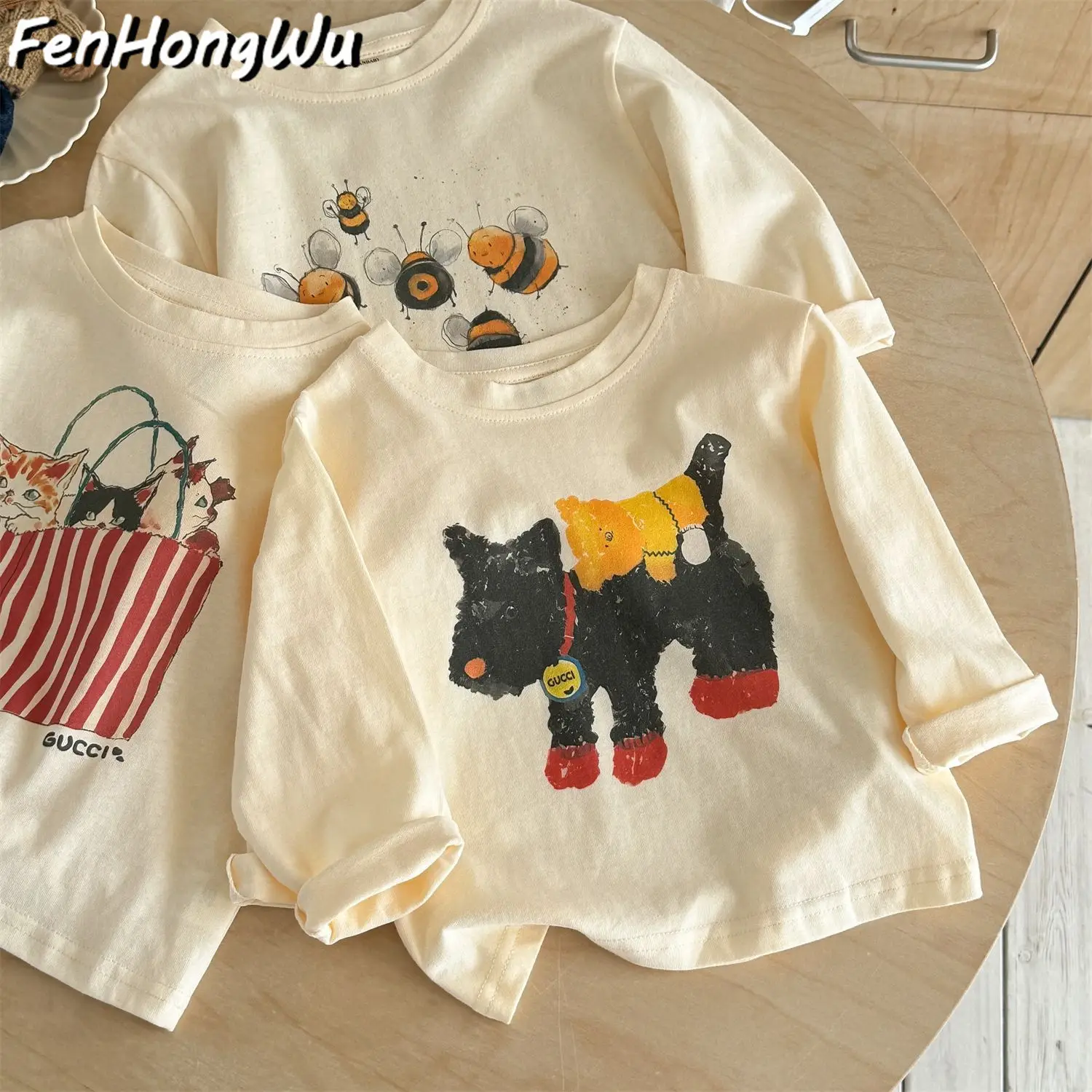 New Boys Cartoon T-Shirt Cream Long Sleeve Western Style - Image 7