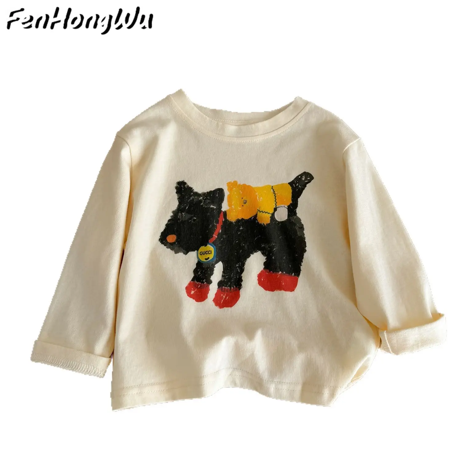 New Boys Cartoon T-Shirt Cream Long Sleeve Western Style - Image 8