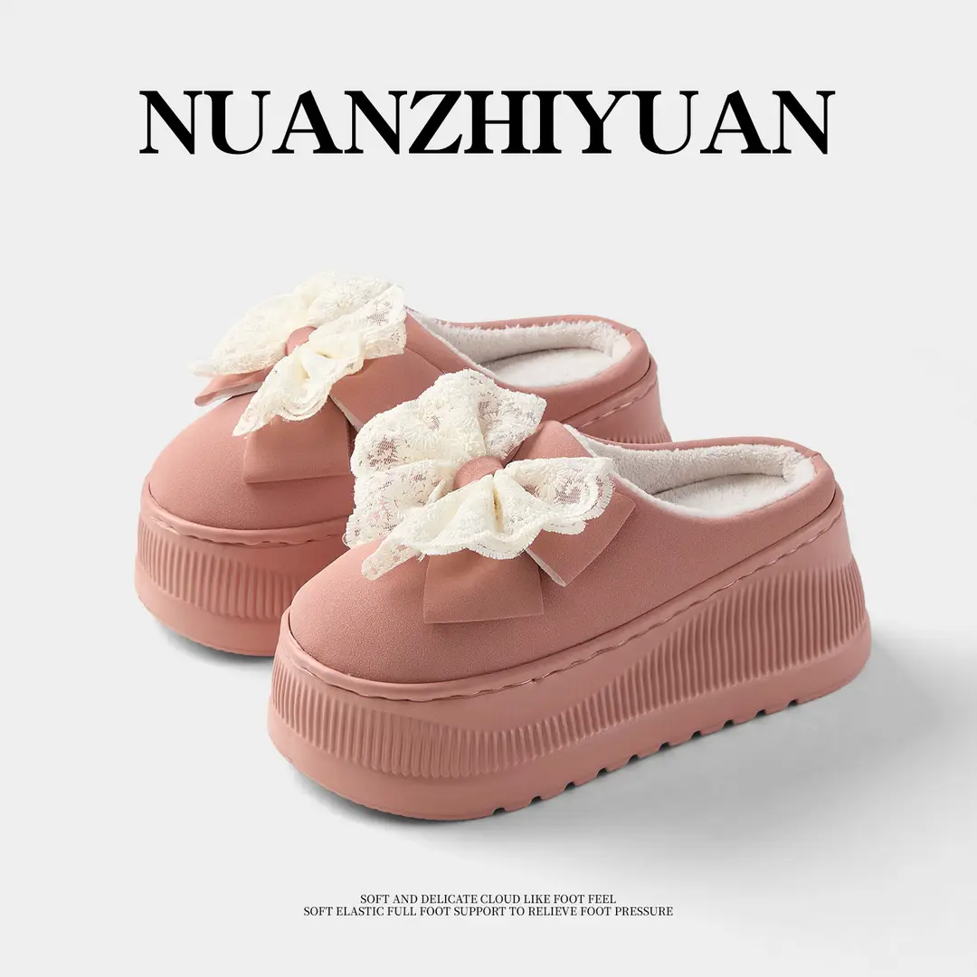 Qidan Shoe Factory Women's Cotton Slippers for Autumn and Winter, Indoor Fleece-Lined Warm Korean Fashion Thick-Soled Height-Increasing Cotton Slippers - Image 4