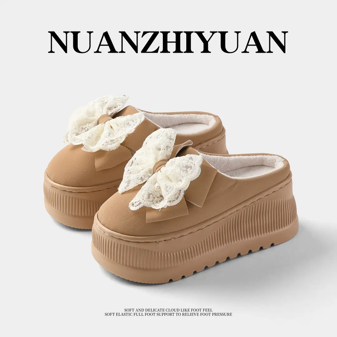 Qidan Shoe Factory Women's Cotton Slippers for Autumn and Winter, Indoor Fleece-Lined Warm Korean Fashion Thick-Soled Height-Increasing Cotton Slippers - Image 5