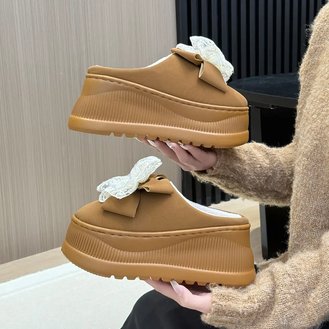 Qidan Shoe Factory Women's Cotton Slippers for Autumn and Winter, Indoor Fleece-Lined Warm Korean Fashion Thick-Soled Height-Increasing Cotton Slippers - Image 3