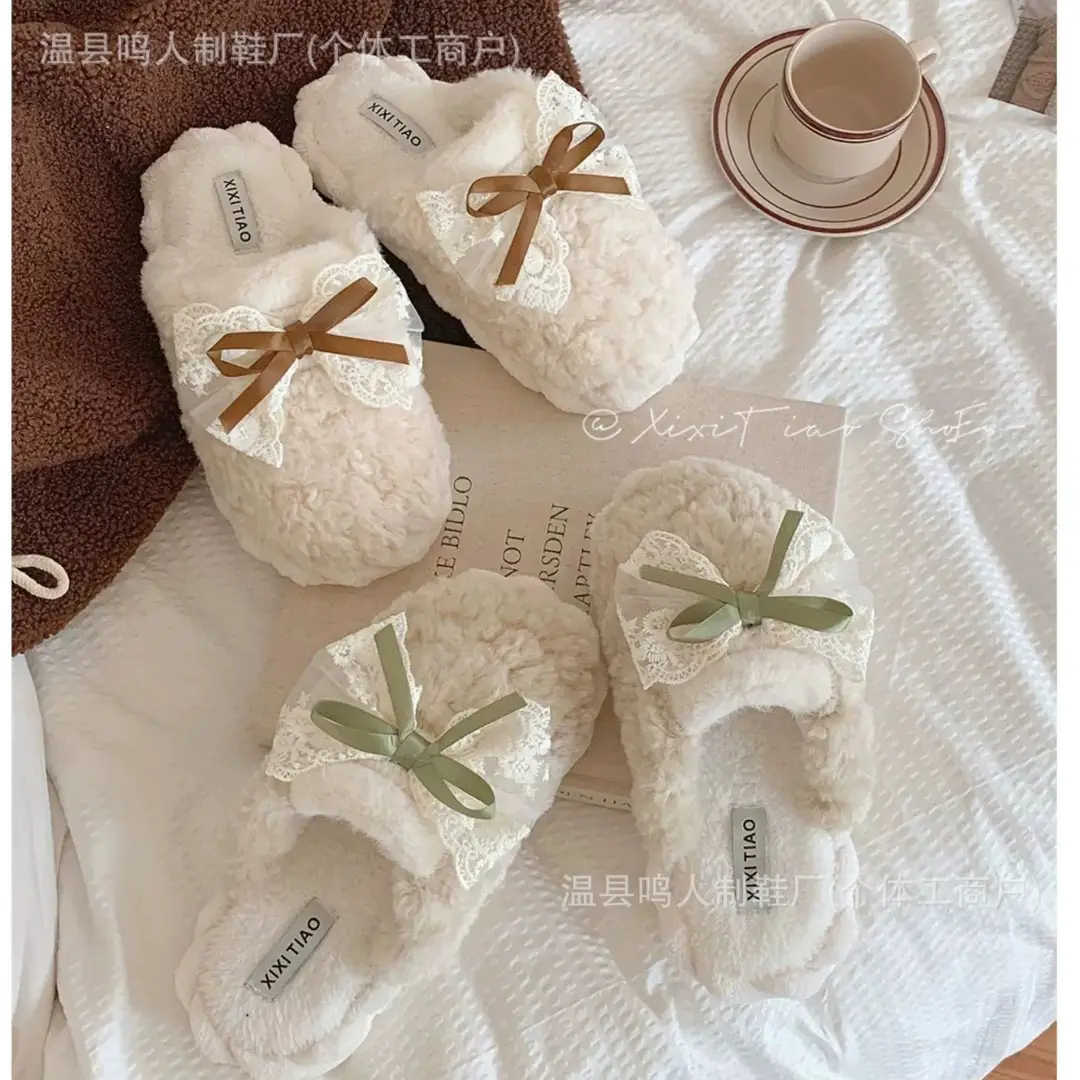 Women's Winter Cotton Slippers Women's Student Version Bow Comfortable Non-Slip Warm Home Casual Family Slippers Women