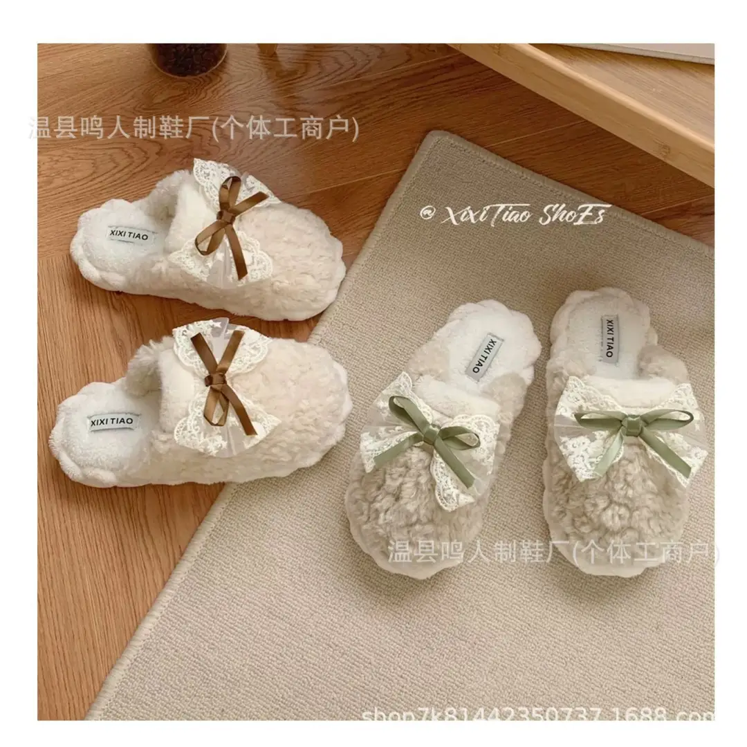 Women's Winter Cotton Slippers Women's Student Version Bow Comfortable Non-Slip Warm Home Casual Family Slippers Women
