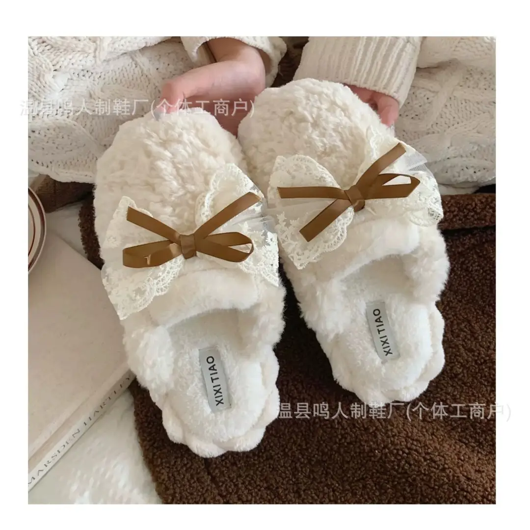 Women's Winter Cotton Slippers Women's Student Version Bow Comfortable Non-Slip Warm Home Casual Family Slippers Women