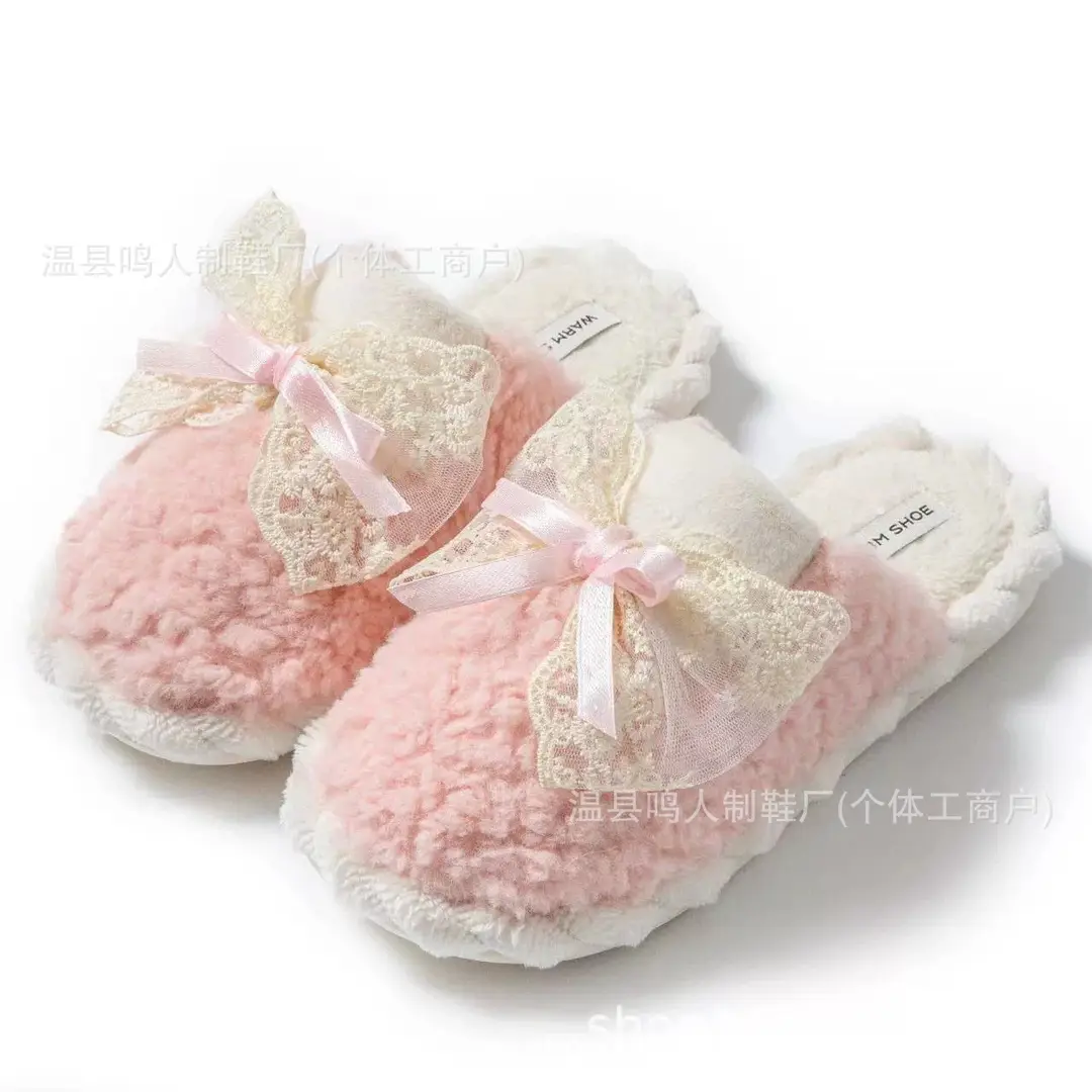 Women's Winter Cotton Slippers Women's Student Version Bow Comfortable Non-Slip Warm Home Casual Family Slippers Women