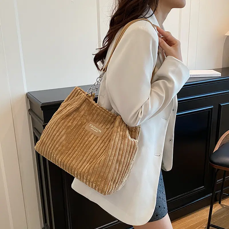 Women's Cream Corduroy Shoulder Bag with Brown Strap - Image 6