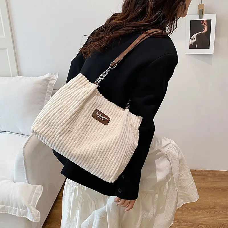 Women's Cream Corduroy Shoulder Bag with Brown Strap - Image 7