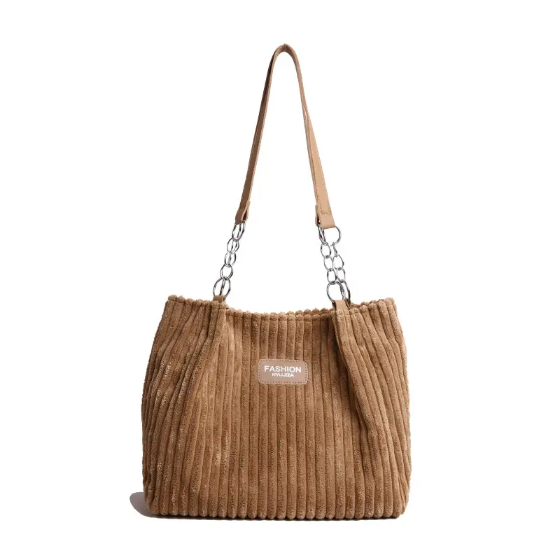 Women's Cream Corduroy Shoulder Bag with Brown Strap - Image 9