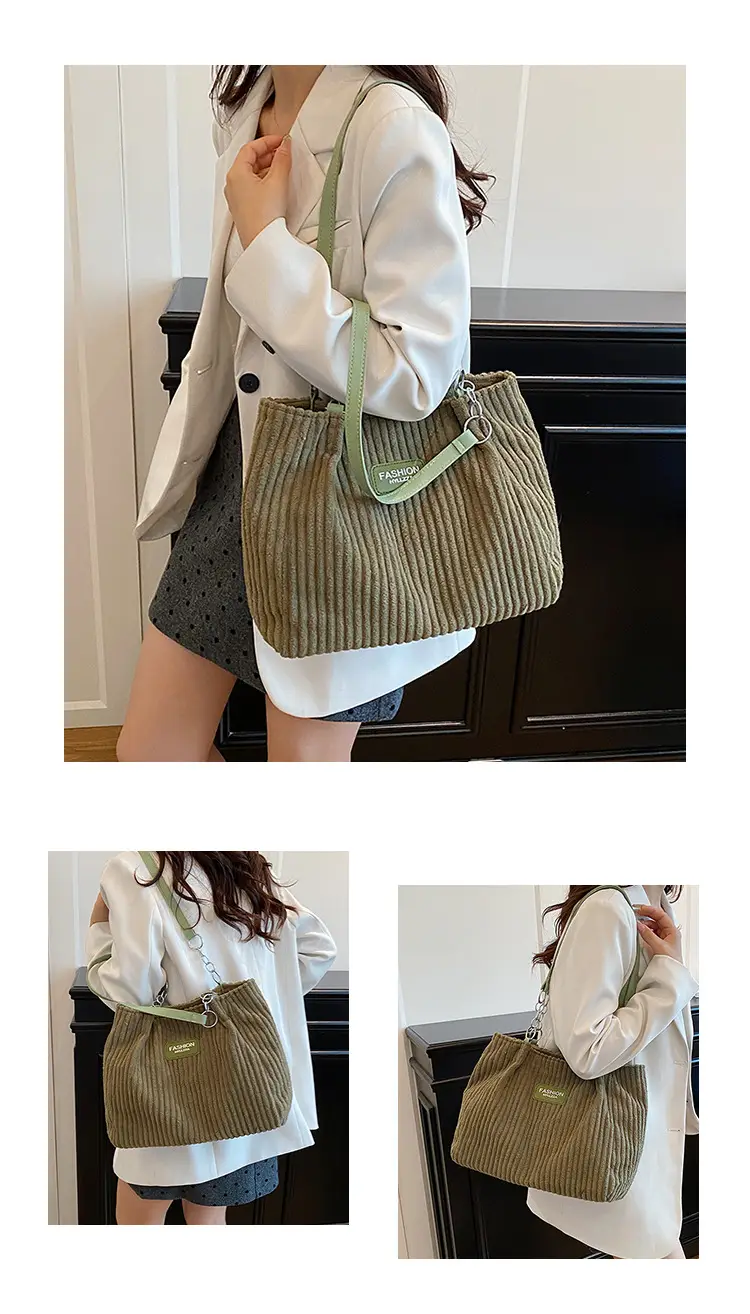 Women's Cream Corduroy Shoulder Bag with Brown Strap — feature 11