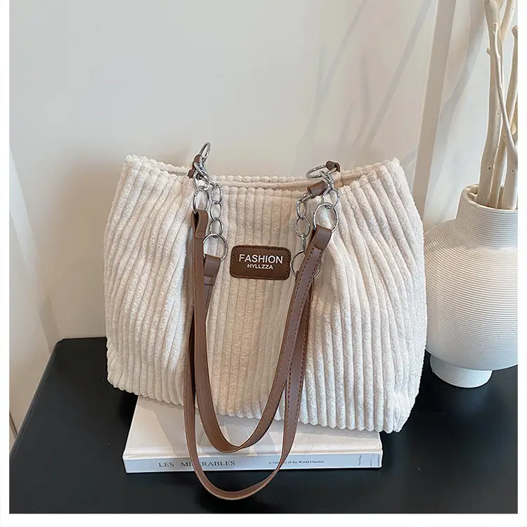 Women's Cream Corduroy Shoulder Bag with Brown Strap — feature 14