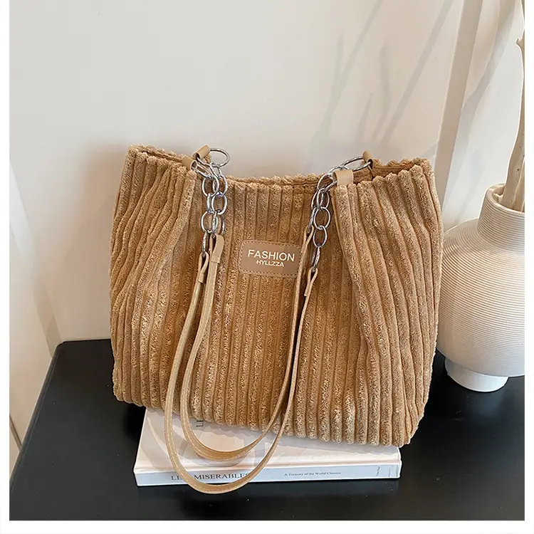 Women's Cream Corduroy Shoulder Bag with Brown Strap — feature 15