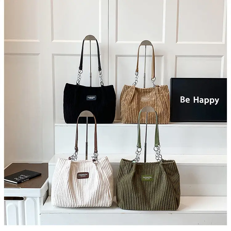 Women's Cream Corduroy Shoulder Bag with Brown Strap — feature 17