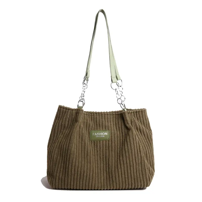 Women's Cream Corduroy Shoulder Bag with Brown Strap - Image 4