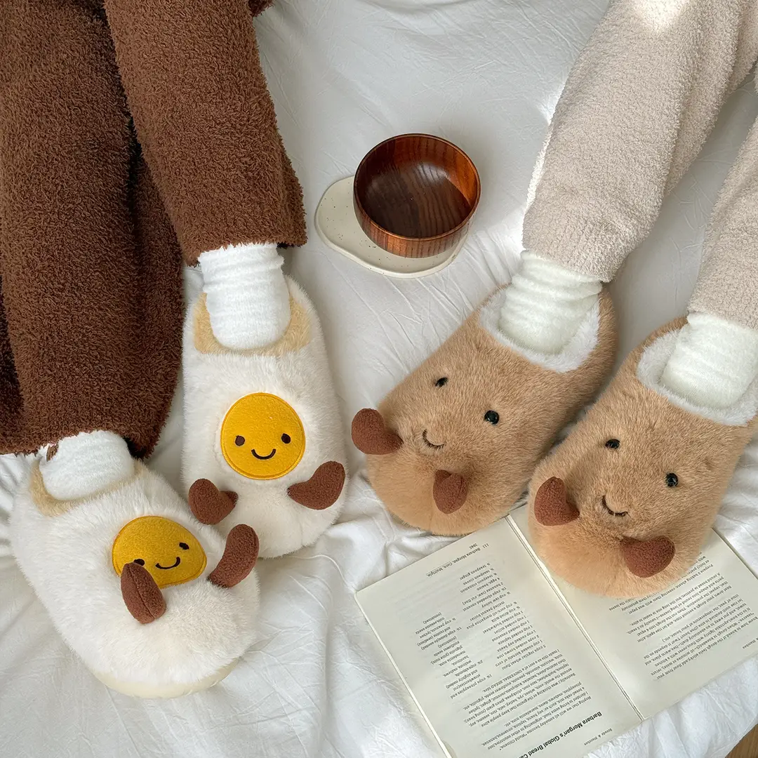 Qidan Shoe Factory Cute Omelette Cotton Slippers Women's Winter Home Indoor Velvet Warm Thick-Soled Anti-Slip Furry Slippers - Image 5