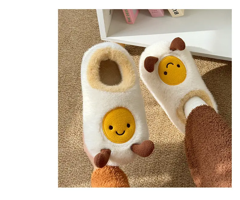 Qidan Shoe Factory Cute Omelette Cotton Slippers Women's Winter Home Indoor Velvet Warm Thick-Soled Anti-Slip Furry Slippers — feature 4