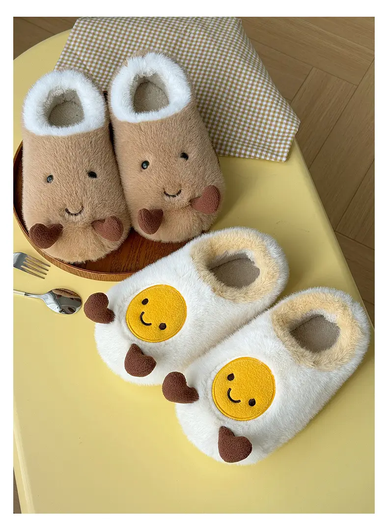 Qidan Shoe Factory Cute Omelette Cotton Slippers Women's Winter Home Indoor Velvet Warm Thick-Soled Anti-Slip Furry Slippers — feature 8