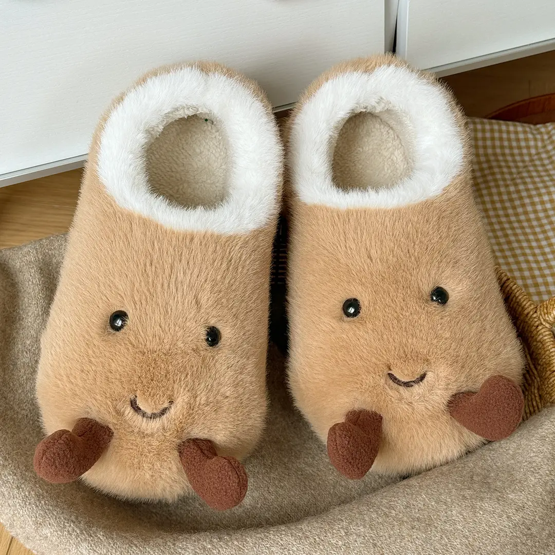 Qidan Shoe Factory Cute Omelette Cotton Slippers Women's Winter Home Indoor Velvet Warm Thick-Soled Anti-Slip Furry Slippers