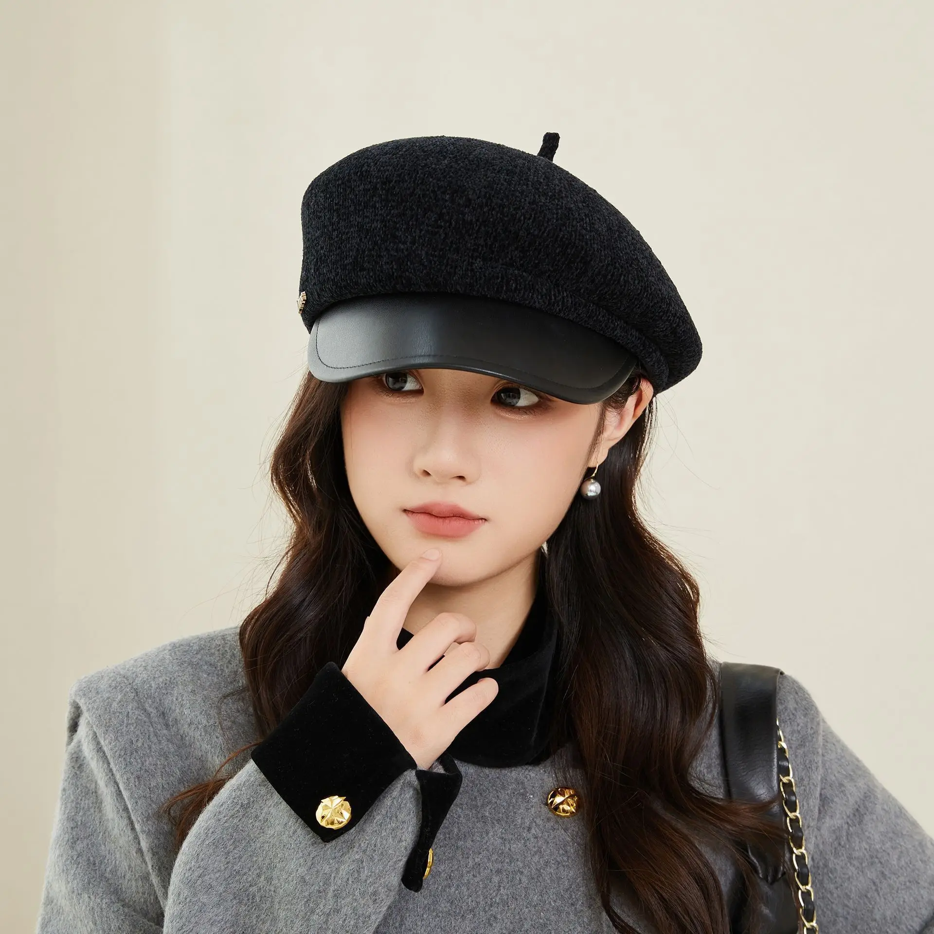 Korean Style Chenille Beret with Leather Bristle for Women - Image 7