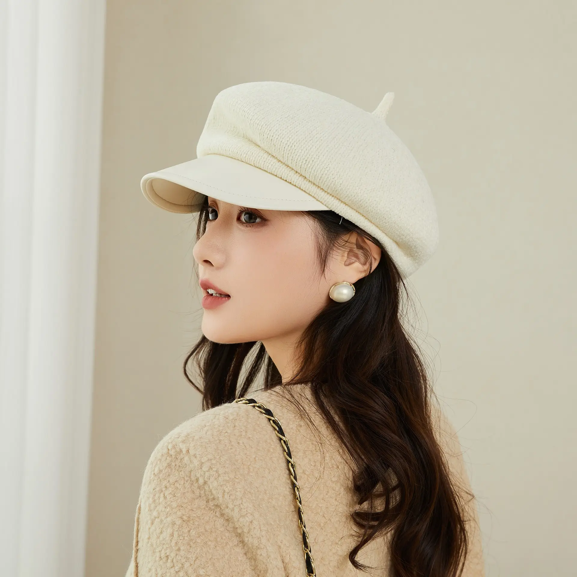 Korean Style Chenille Beret with Leather Bristle for Women - Image 2