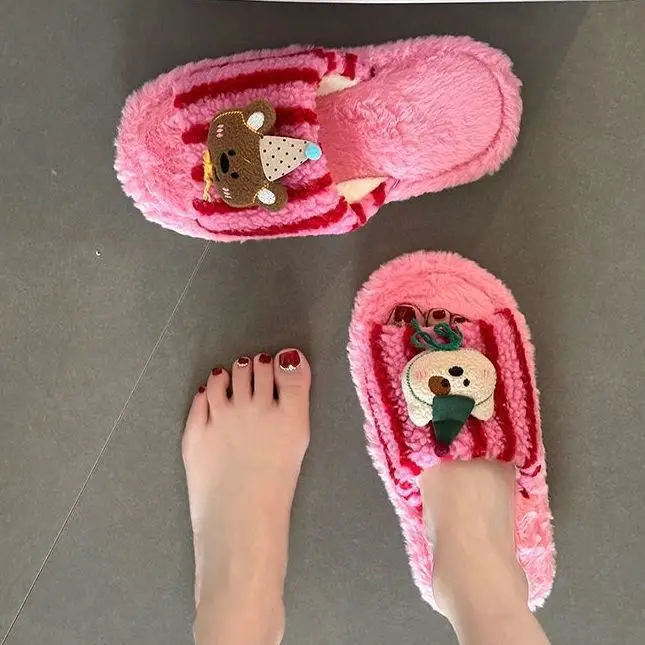 Fashionable and Versatile Retro-Style Cute Bear Fur Slippers for Women 2026 Autumn and Winter New Striped Plush Cotton Slippers