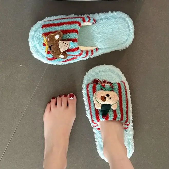 Fashionable and Versatile Retro-Style Cute Bear Fur Slippers for Women 2026 Autumn and Winter New Striped Plush Cotton Slippers